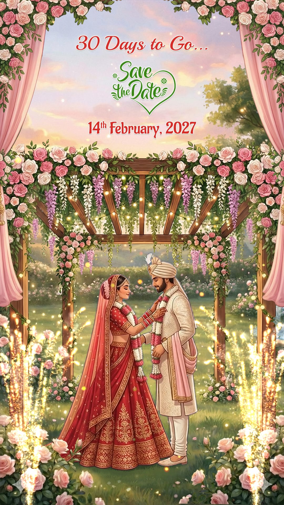 30 Days Wedding Countdown Video with Bride-Groom Illustration, Blooming Mandap and Floral Theme