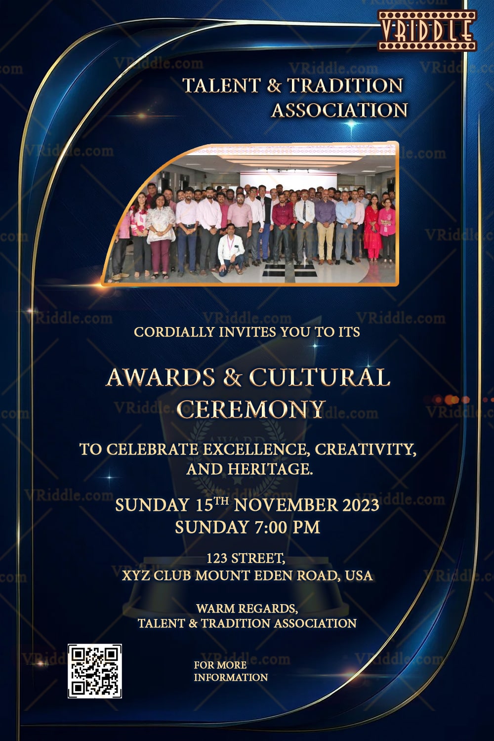 Awards & Cultural Evening Invitation with Royal Blue Background with Accents