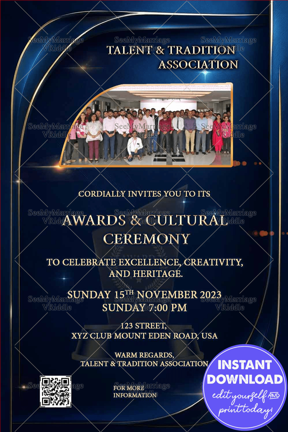 Awards & Cultural Evening Invitation with Royal Blue Background with Accents
