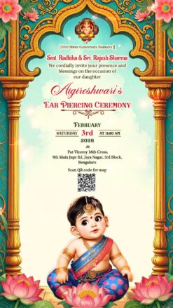 Baby Illustration Ear Piercing Ceremony Invitation Video with South Indian Theme, Lotus and Arch