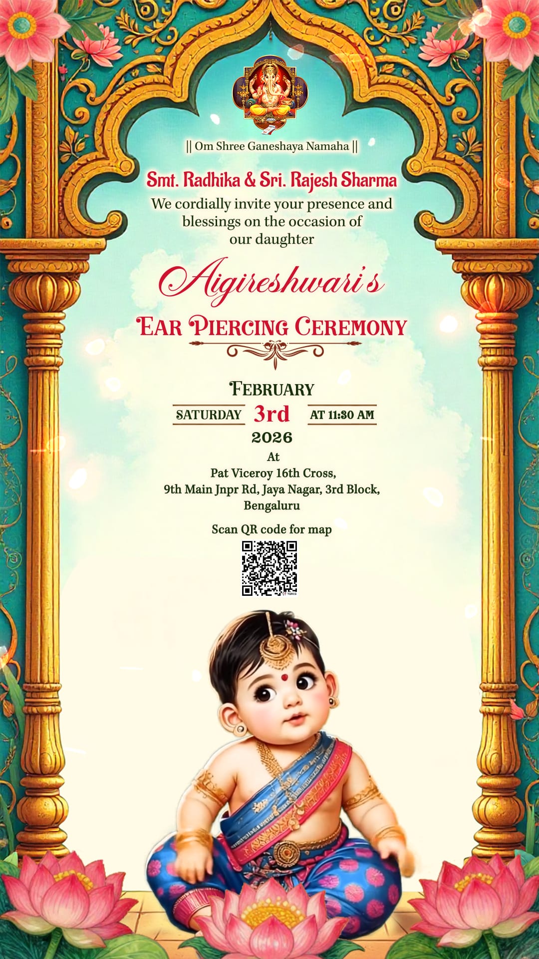 Baby Illustration Ear Piercing Ceremony Invitation Video with South Indian Theme, Lotus and Arch