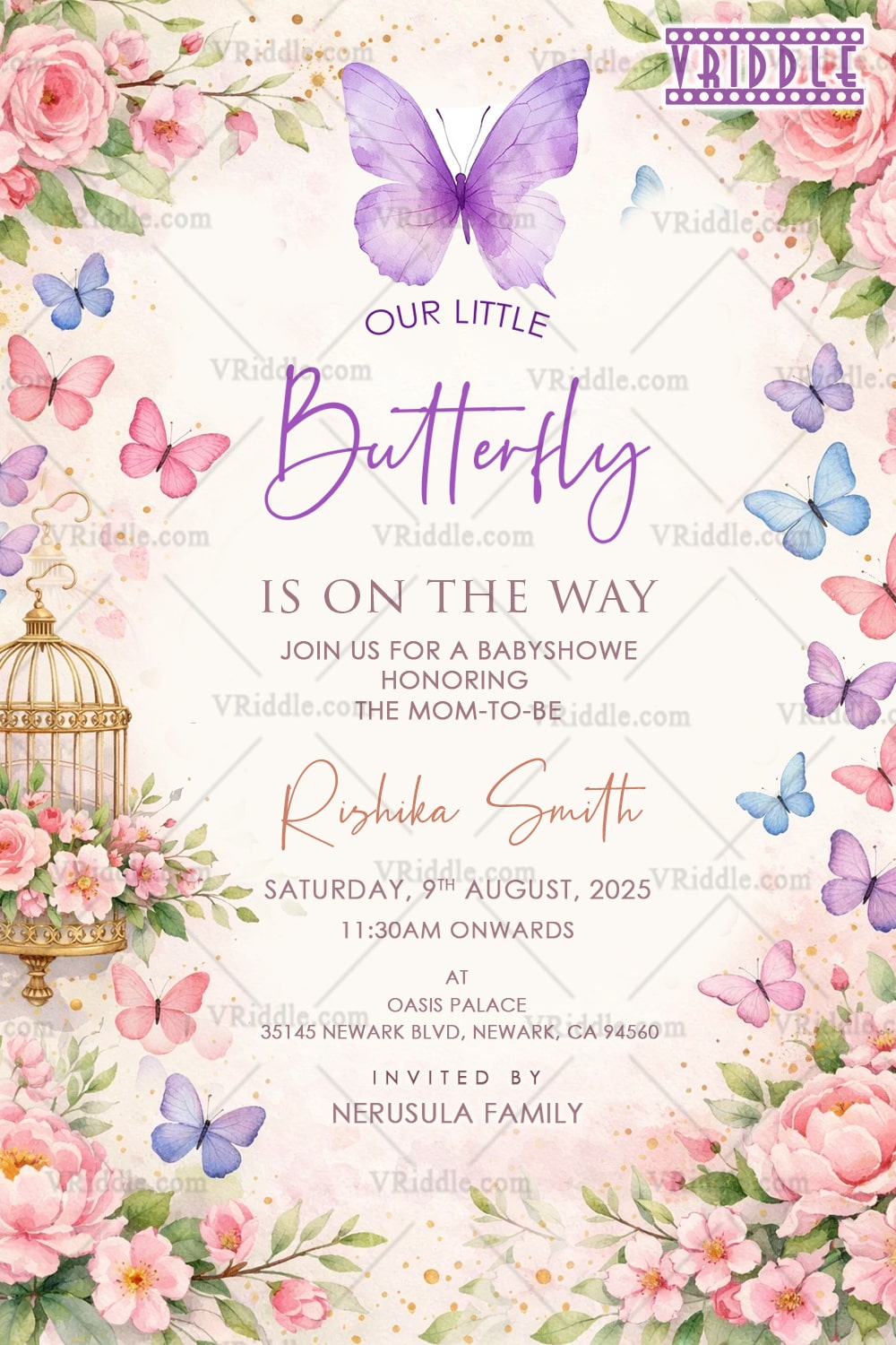 Baby Shower Invitation with Watercolor Butterflies and Floral Accents in Soft Pastel Shade