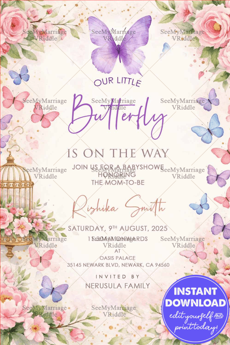 Baby Shower Invitation with Watercolor Butterflies and Floral Accents in Soft Pastel Shade