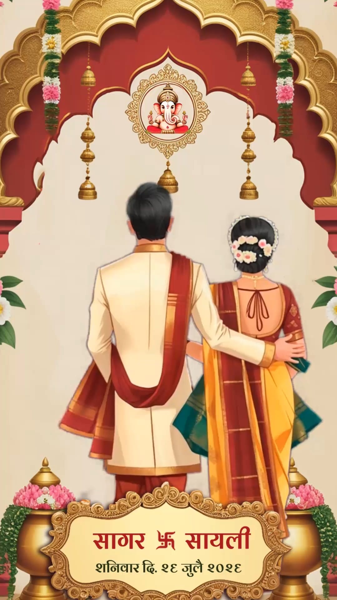 Back Facing Marathi Wedding Invitation Video with Traditional Couple Illustration and Ornate Temple Arch