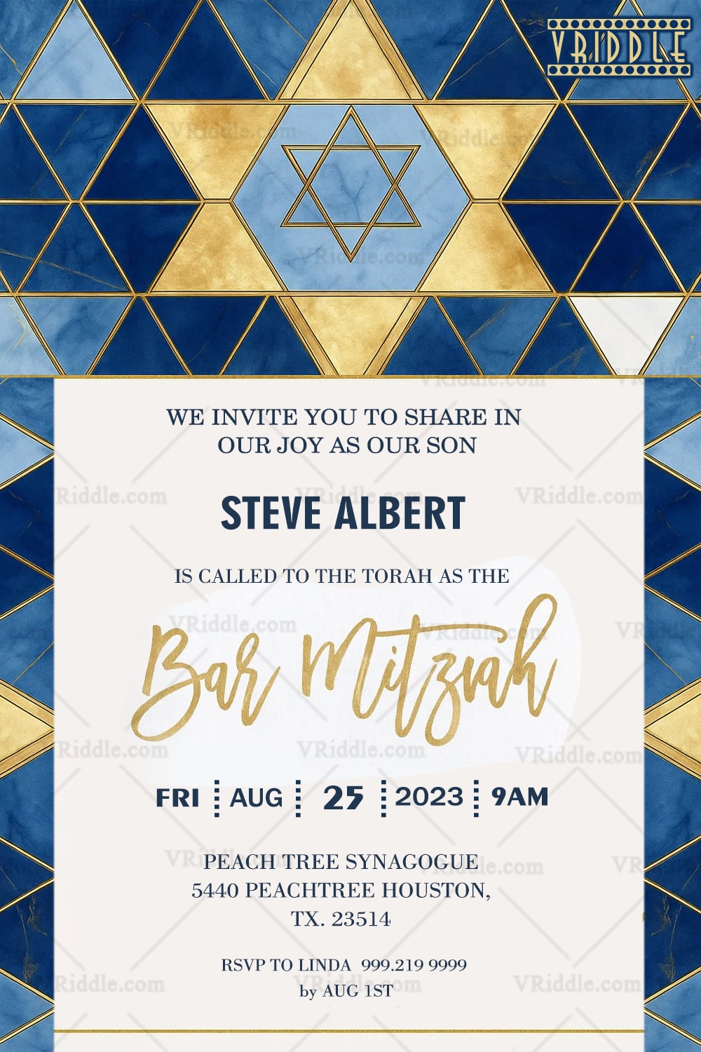 Bar Mitzvah Invitation in Blue and Gold Geometric Elegance with Star of David