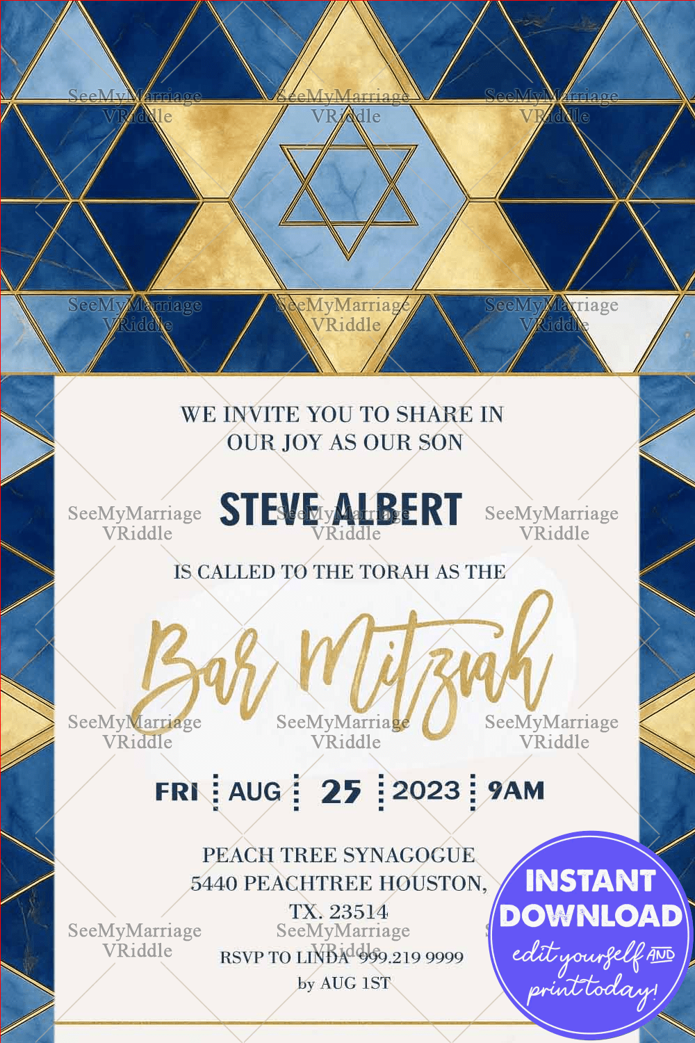 Bar Mitzvah Invitation in Blue and Gold Geometric Elegance with Star of David