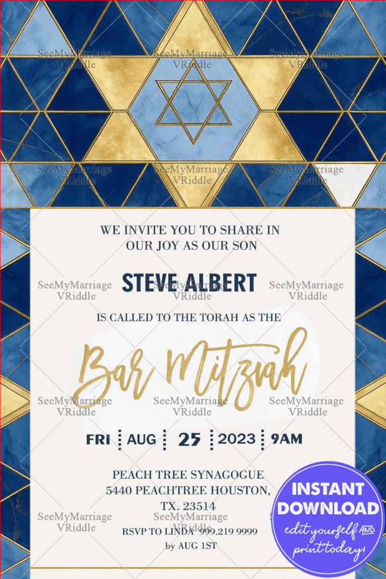 Bar Mitzvah Invitation in Blue and Gold Geometric Elegance with Star of David