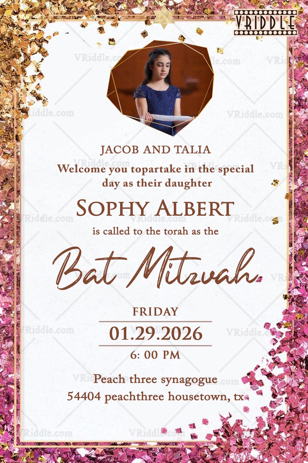 Bat Mitzvah Invitation with Add Photo Frame Pink & Gold Confetti Accent