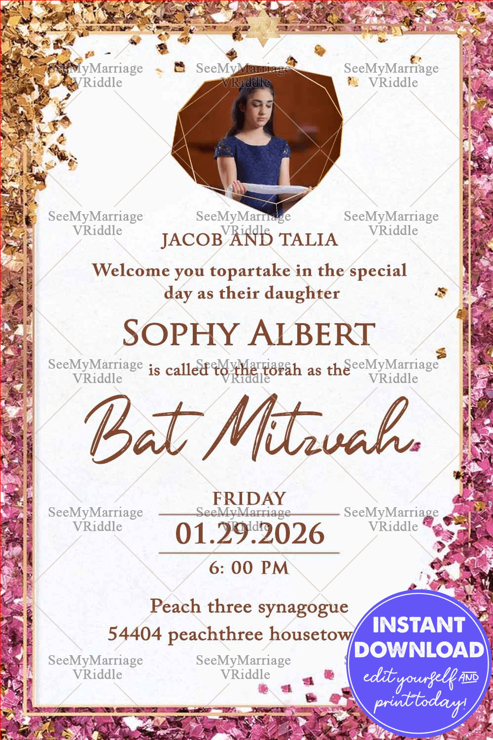 Bat Mitzvah Invitation with Add Photo Frame Pink & Gold Confetti Accent