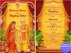 Bengali Couple Wedding Invitation Card with Mala Badal Garland Exchange Illustration