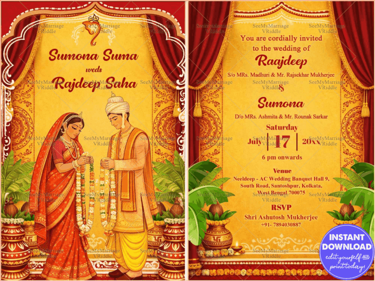 Bengali Couple Wedding Invitation Card with Mala Badal Garland Exchange Illustration