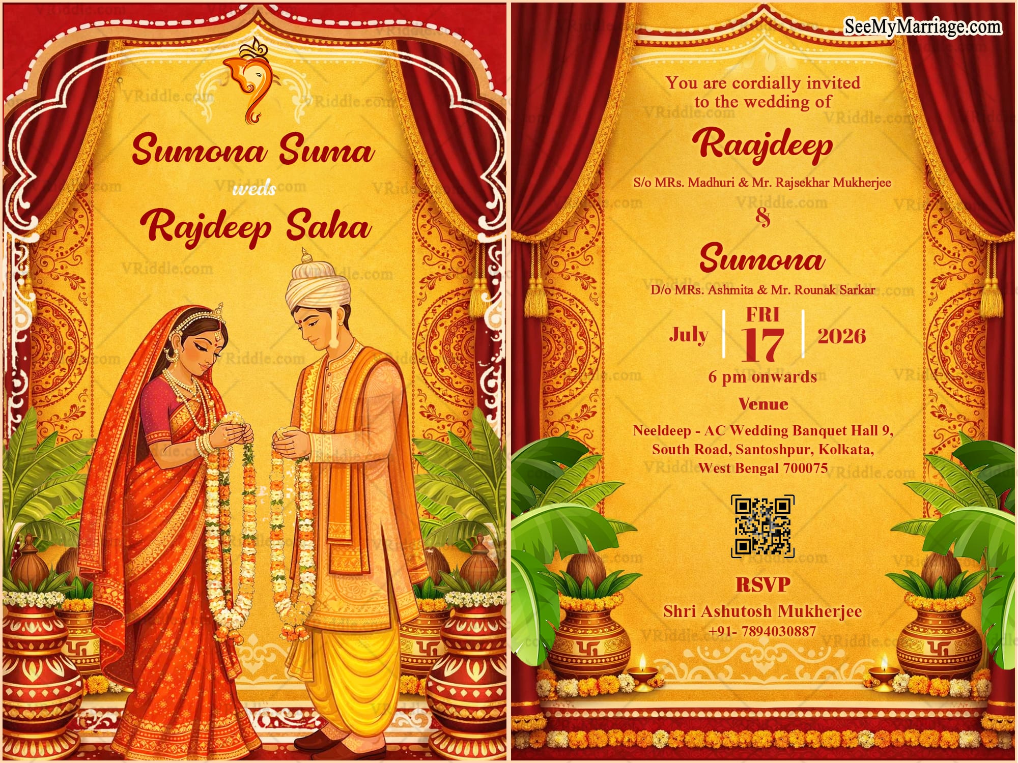 Bengali Couple Wedding Invitation Card with Mala Badal Garland Exchange Illustration