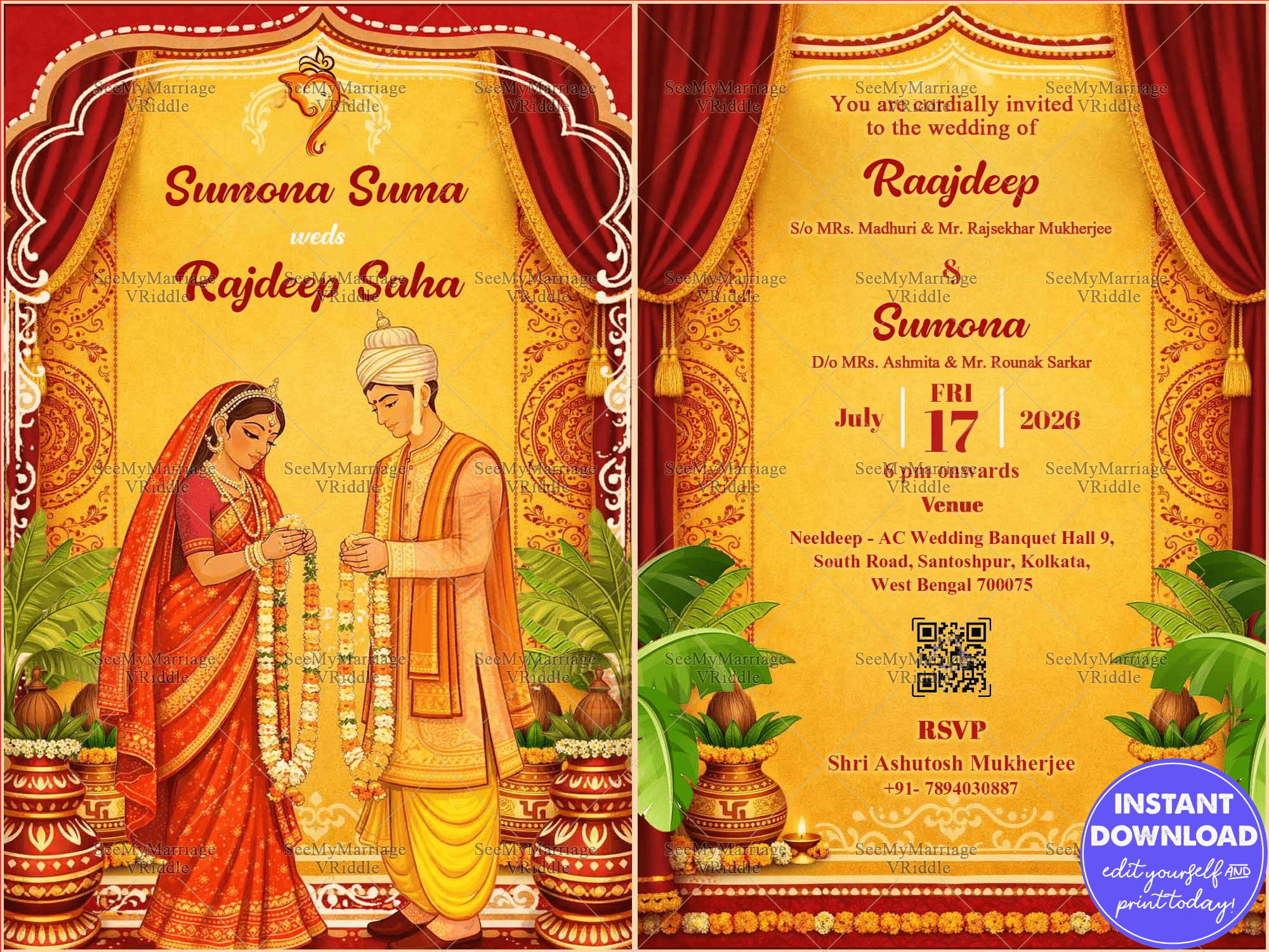 Bengali Couple Wedding Invitation Card with Mala Badal Garland Exchange Illustration