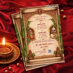 Bengali Wedding Invitation Set on a Scroll-Themed Frame with Ethnic Couple Illustrations, Floral Accents & Traditional Elements