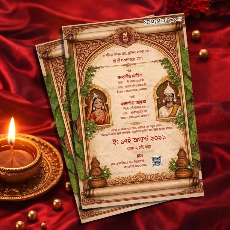 Bengali Wedding Invitation Set on a Scroll-Themed Frame with Ethnic Couple Illustrations, Floral Accents & Traditional Elements