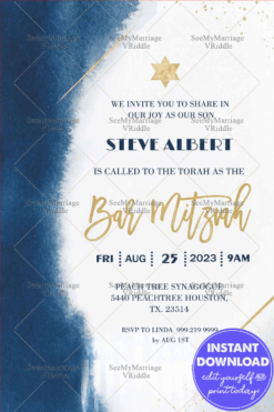 Blue and Gold Bar Mitzvah Invitation with Watercolor Textures and Star of David