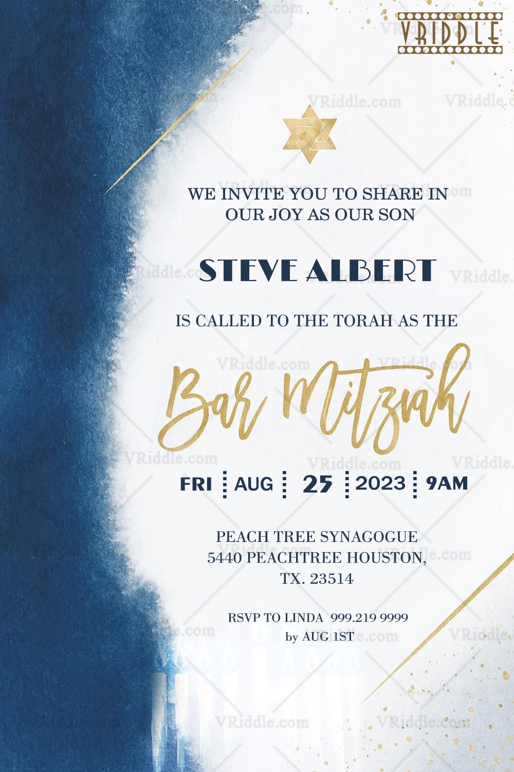 Blue and Gold Bar Mitzvah Invitation with Watercolor Textures and Star of David