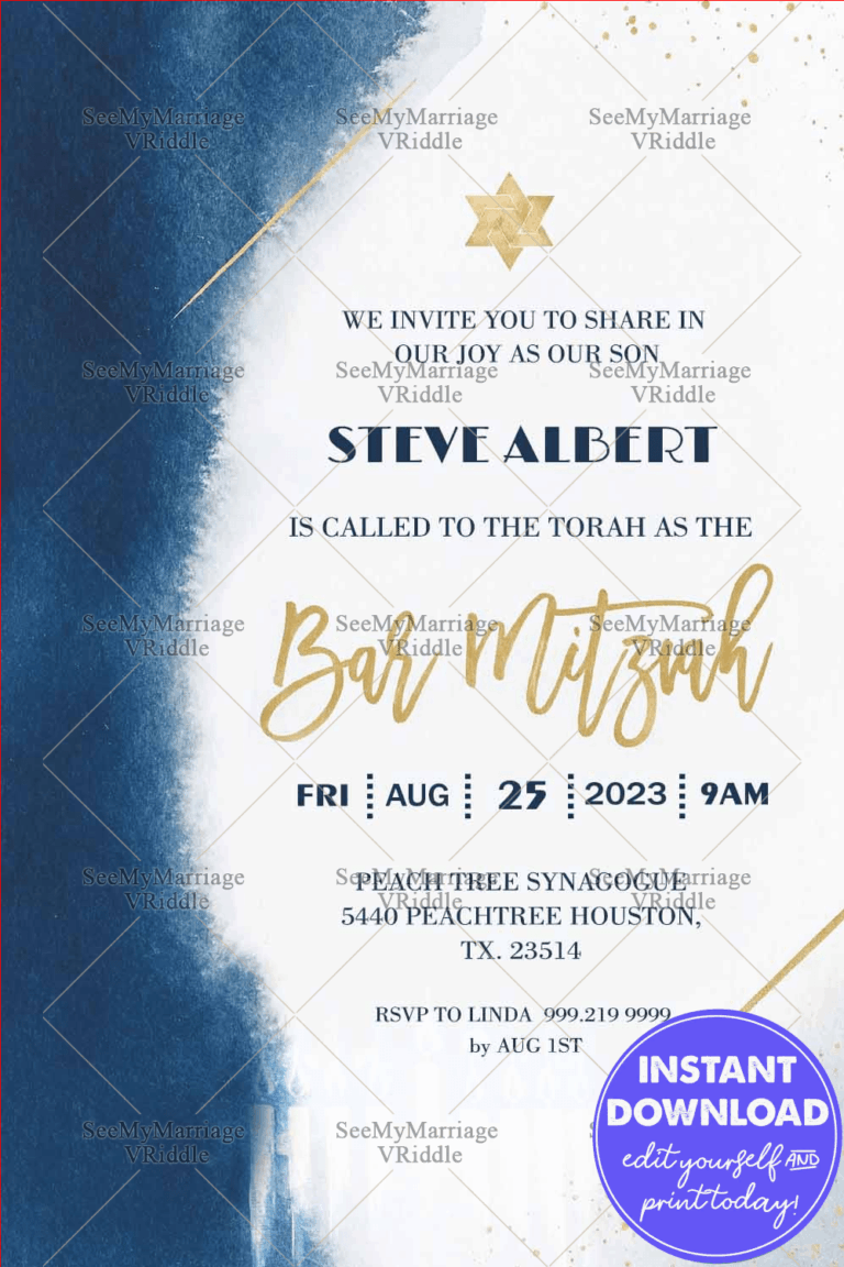 Blue and Gold Bar Mitzvah Invitation with Watercolor Textures and Star of David