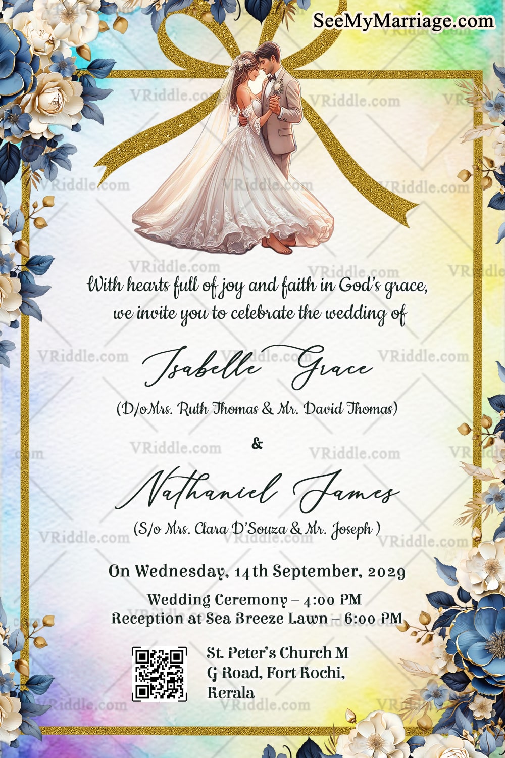 Blue and Gold Christian Wedding Invitation Card with Floral Corners and Romantic Couple Illustration