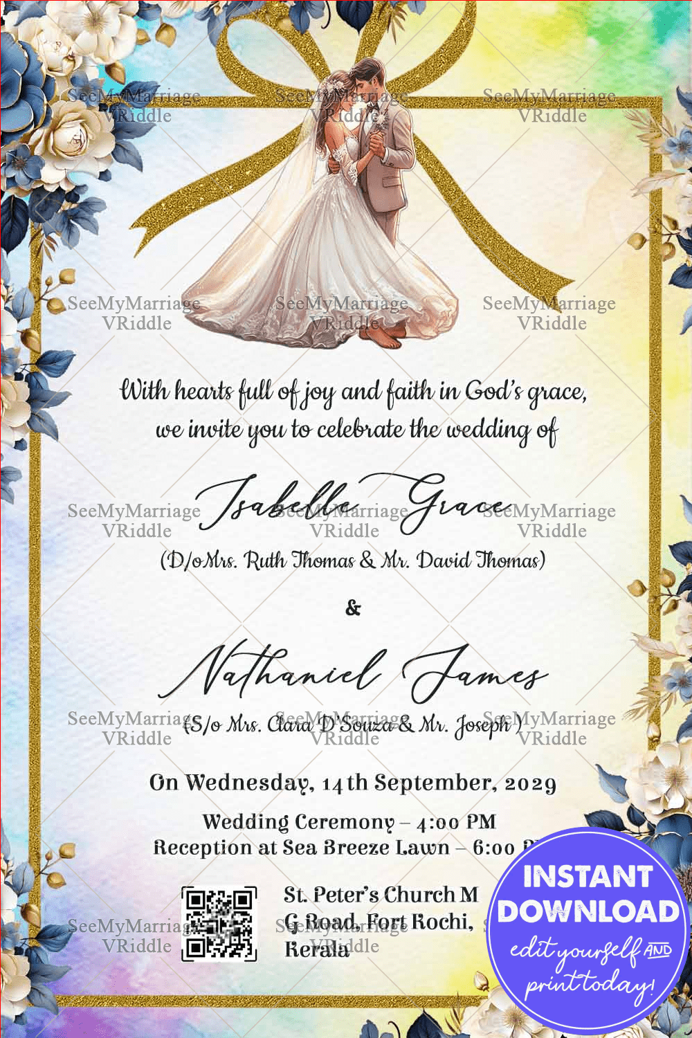 Blue and Gold Christian Wedding Invitation Card with Floral Corners and Romantic Couple Illustration