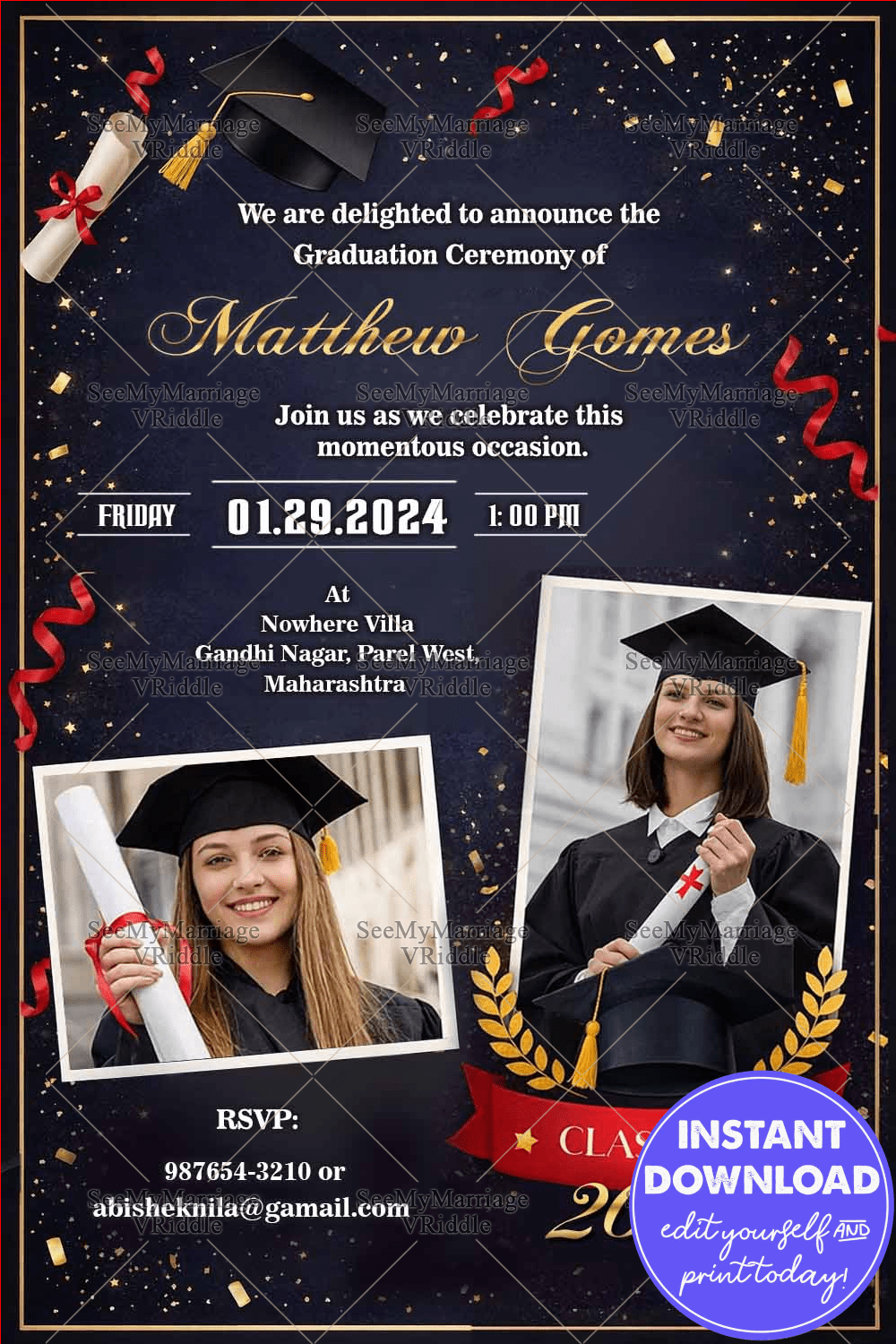Blue and Gold Graduation Invitation with Add photo Option and Red Ribbons