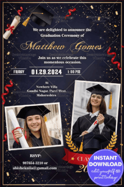Blue and Gold Graduation Invitation with Add photo Option and Red Ribbons