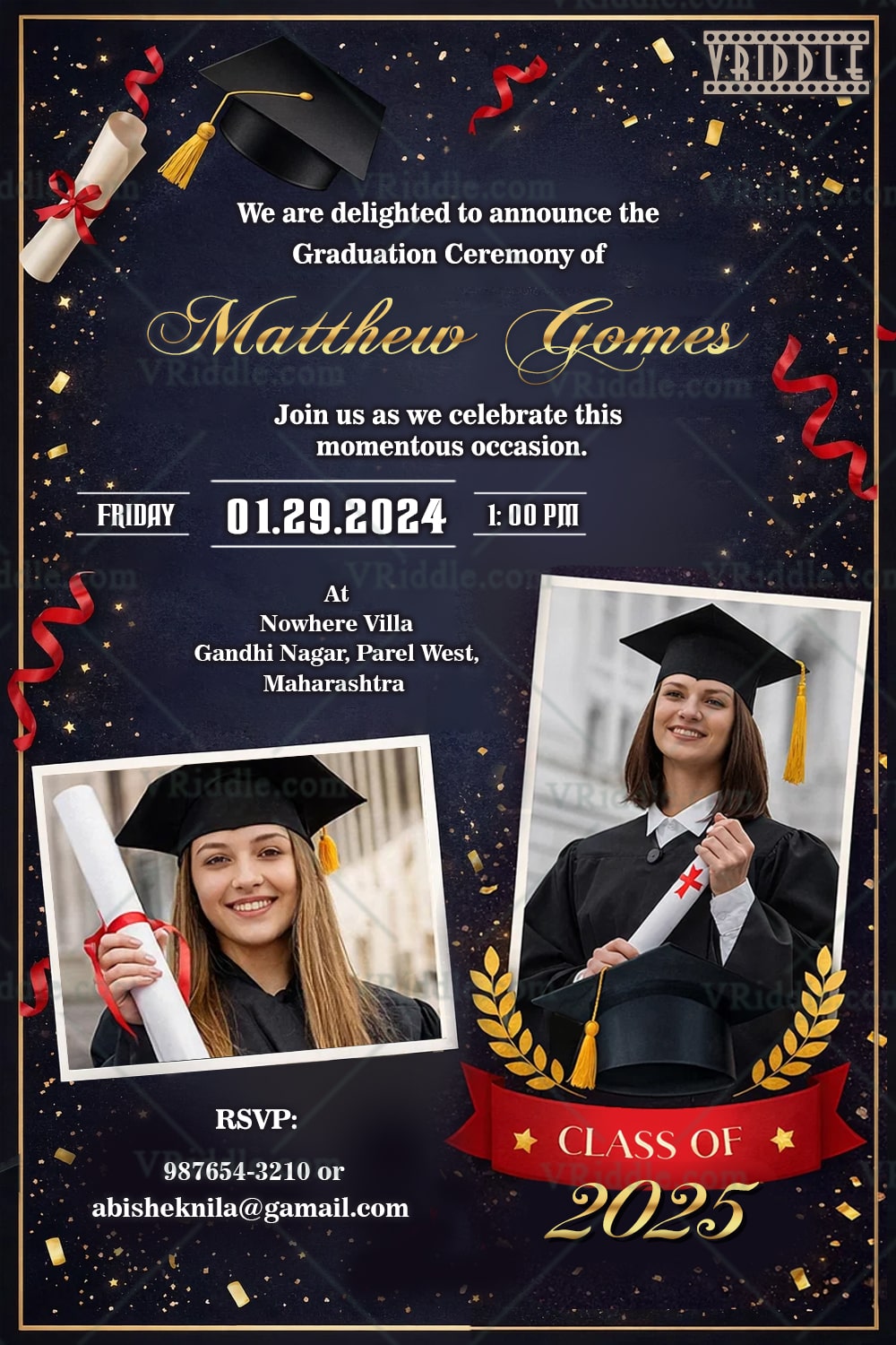 Blue and Gold Graduation Invitation with Add photo Option and Red Ribbons