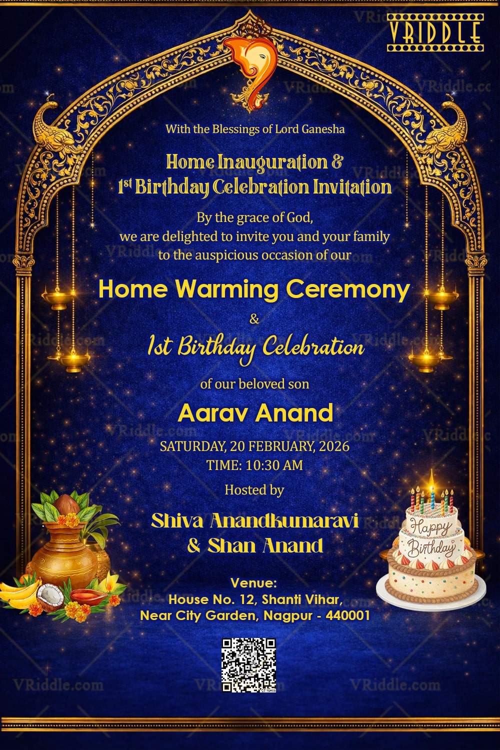 Blue and Gold Griha Pravesh and First Birthday Invitation Card with Royal Arch, Ganesha Motif with Sparkles