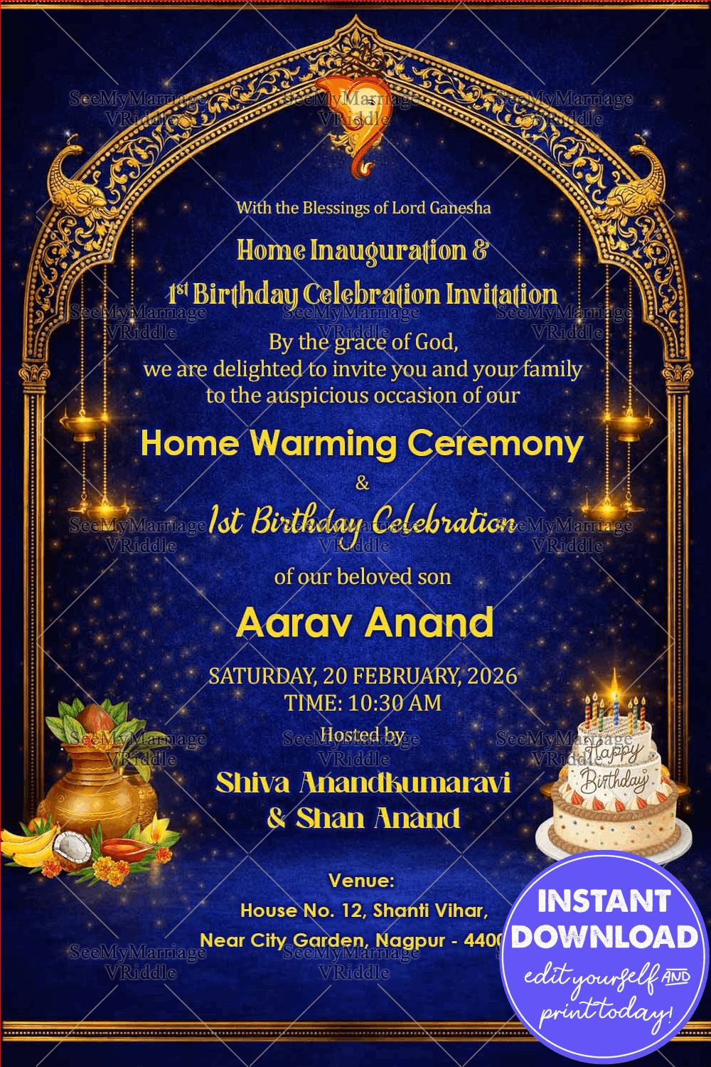 Blue and Gold Griha Pravesh and First Birthday Invitation Card with Royal Arch, Ganesha Motif with Sparkles