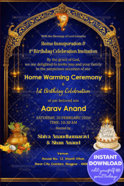 Blue and Gold Griha Pravesh and First Birthday Invitation Card with Royal Arch, Ganesha Motif with Sparkles