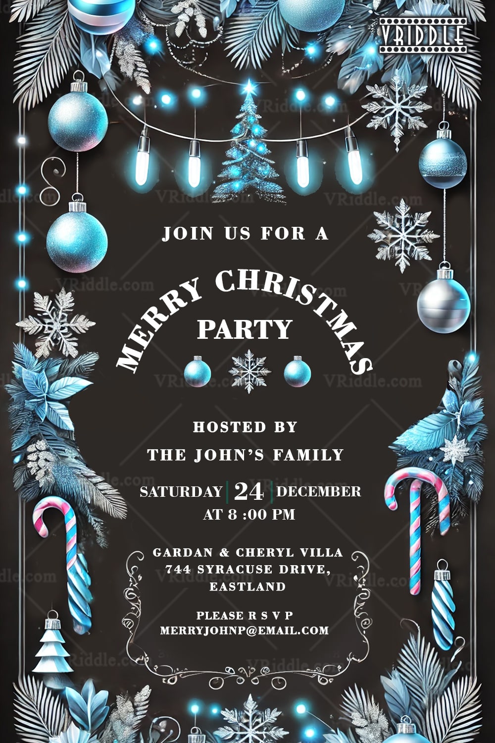 Blue and Silver Christmas Party Invitation with Glowing Lights and Candy Cane Accents