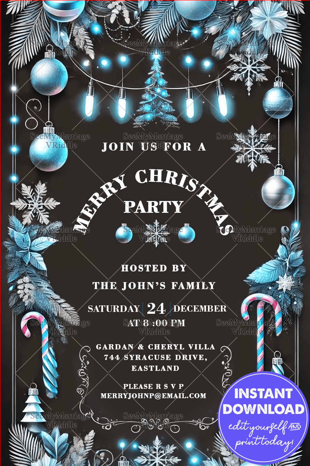 Blue and Silver Christmas Party Invitation with Glowing Lights and Candy Cane Accents