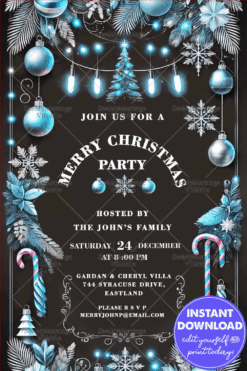 Blue and Silver Christmas Party Invitation with Glowing Lights and Candy Cane Accents