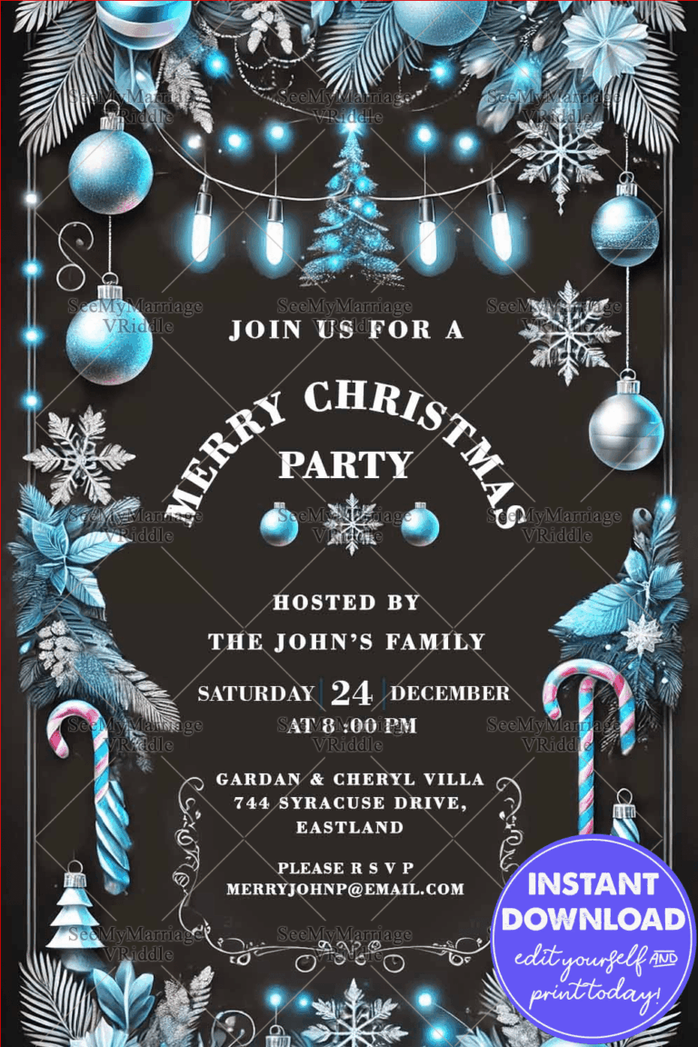 Blue and Silver Christmas Party Invitation with Glowing Lights and Candy Cane Accents