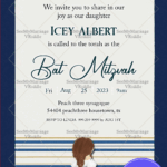 Blue and White Bat Mitzvah Invitation Featuring Star of David and Torah-Inspired Motifs with Girl Illustration