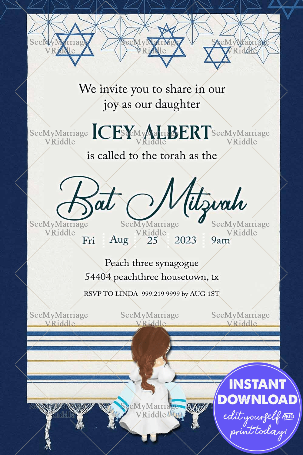 Blue and White Bat Mitzvah Invitation Featuring Star of David and Torah-Inspired Motifs with Girl Illustration