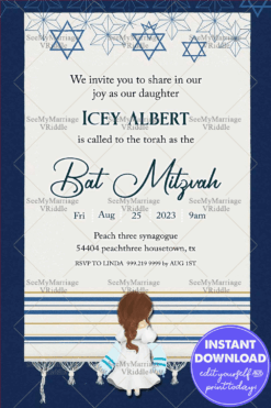 Blue and White Bat Mitzvah Invitation Featuring Star of David and Torah-Inspired Motifs with Girl Illustration