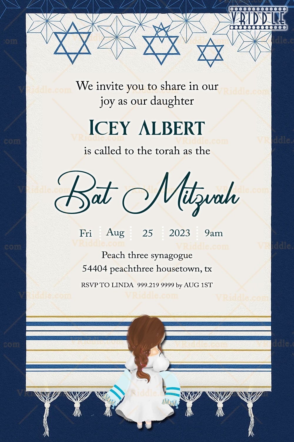 Blue and White Bat Mitzvah Invitation Featuring Star of David and Torah-Inspired Motifs with Girl Illustration