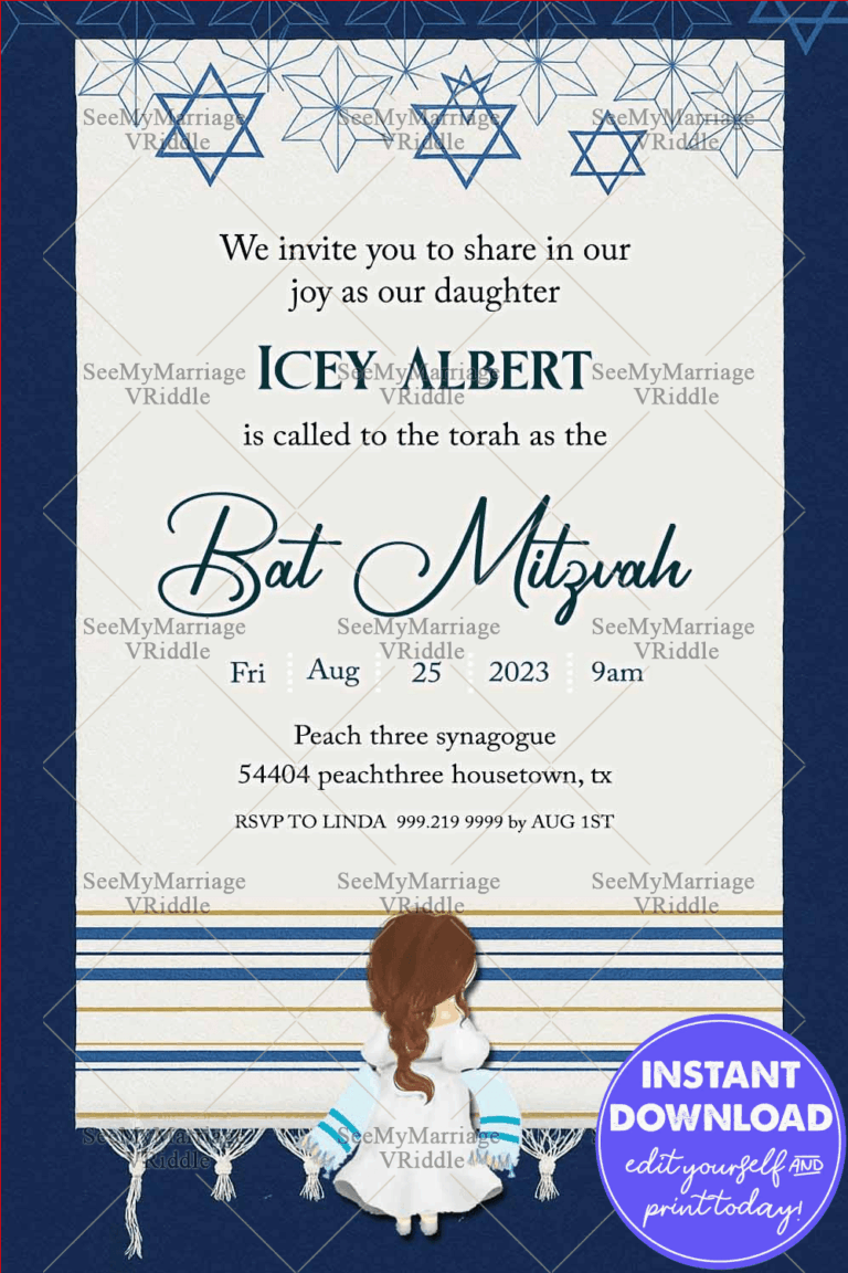 Blue and White Bat Mitzvah Invitation Featuring Star of David and Torah-Inspired Motifs with Girl Illustration