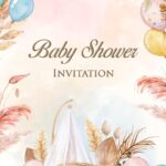Boho Baby Shower Invitation Video with Add Photo, Pastel Balloons, Floral Accents and Soft Cloudy Sky Background