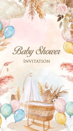 Boho Baby Shower Invitation Video with Add Photo, Pastel Balloons, Floral Accents and Soft Cloudy Sky Background