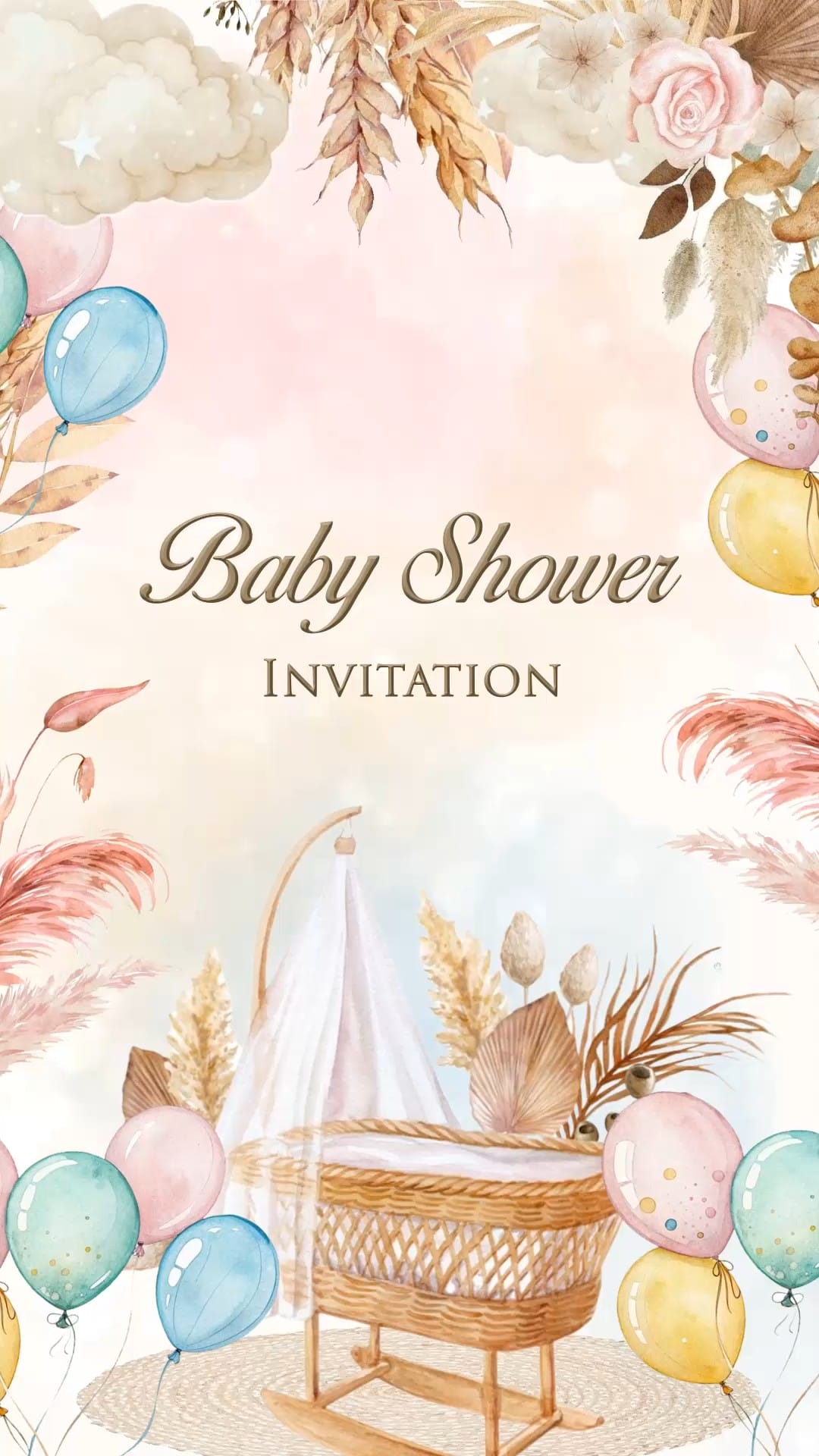 Boho Baby Shower Invitation Video with Add Photo, Pastel Balloons, Floral Accents and Soft Cloudy Sky Background