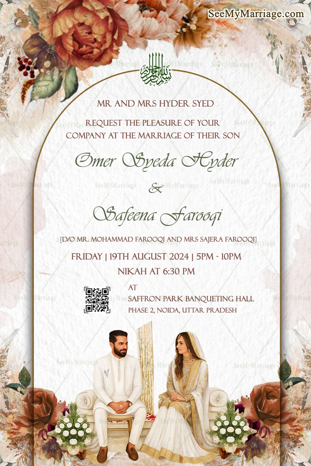 Boho-Chic Nikkah Invitation with Illustrated Couple, Hand-Drawn Florals in Pastel Shade BG
