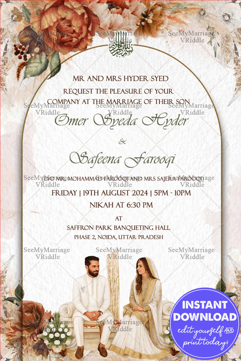 Boho-Chic Nikkah Invitation with Illustrated Couple, Hand-Drawn Florals in Pastel Shade BG