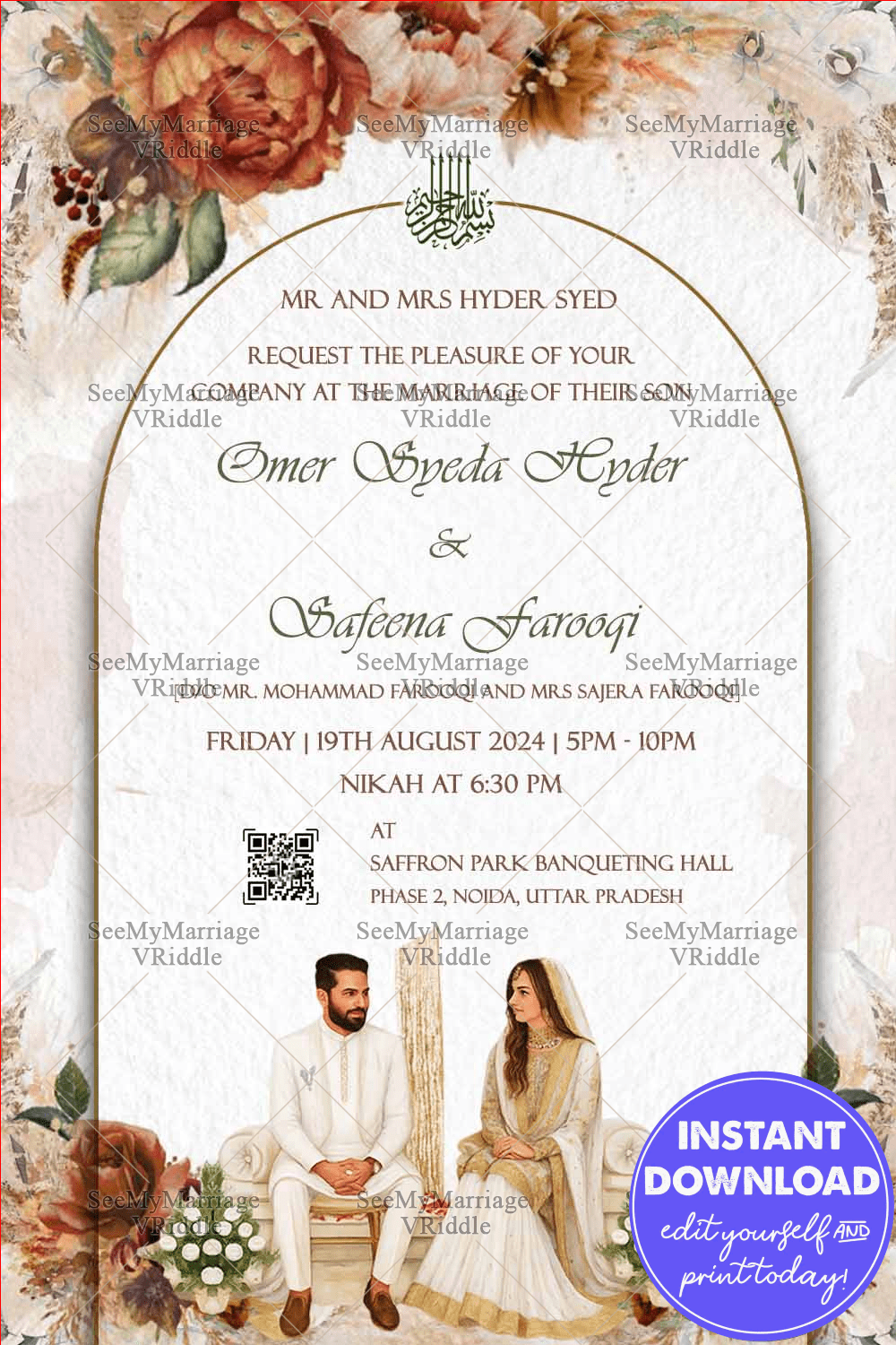 Boho-Chic Nikkah Invitation with Illustrated Couple, Hand-Drawn Florals in Pastel Shade BG