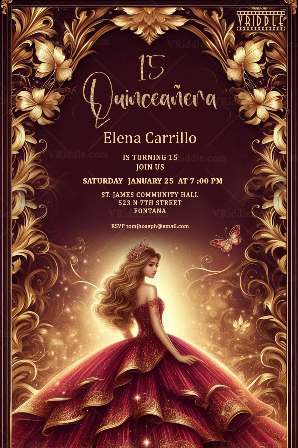 Burgundy Quinceañera Invitation with Princess Gown Elegance and Golden Floral Frame