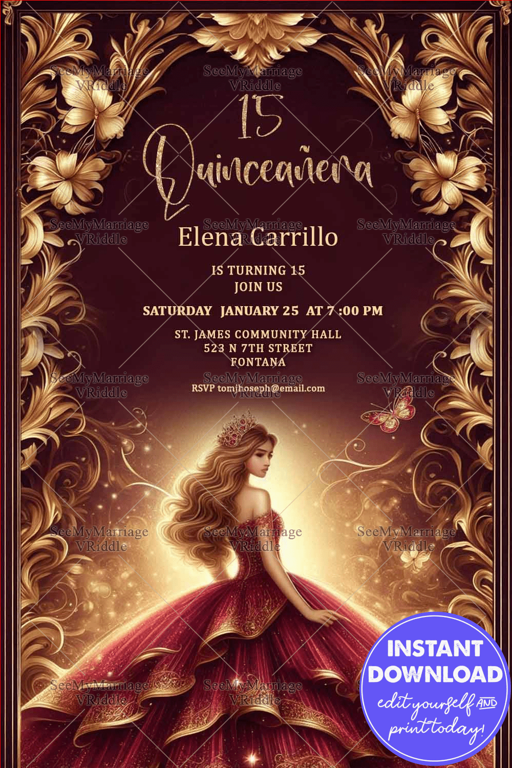 Burgundy Quinceañera Invitation with Princess Gown Elegance and Golden Floral Frame