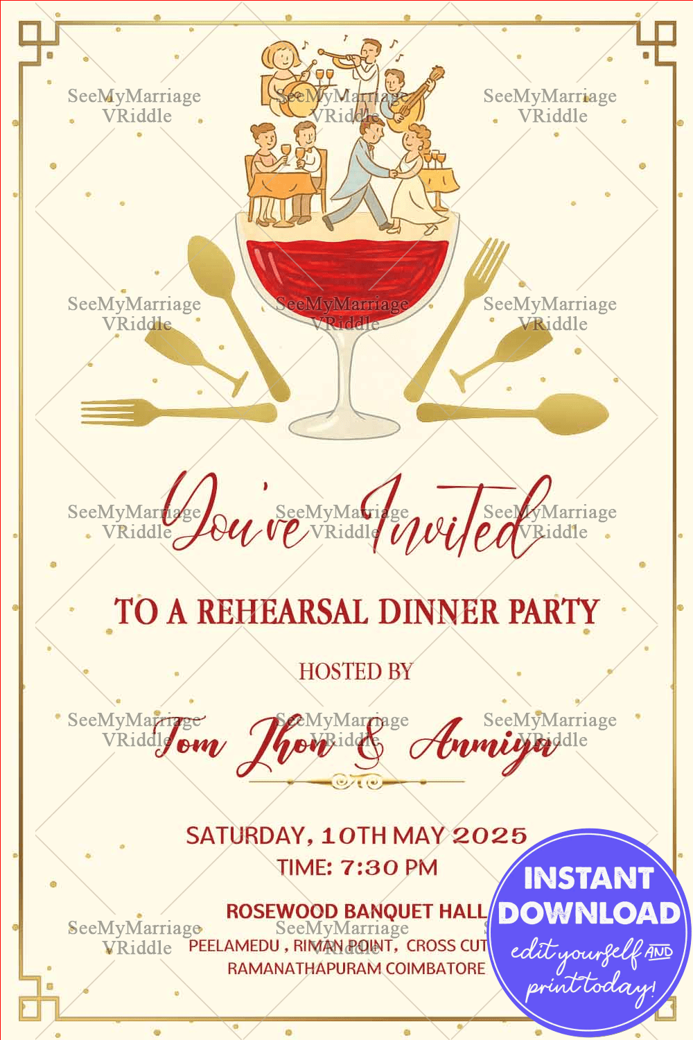 Burgundy Rehearsal Dinner Invite with Golden Dining Icons and Ornamental Flourishes