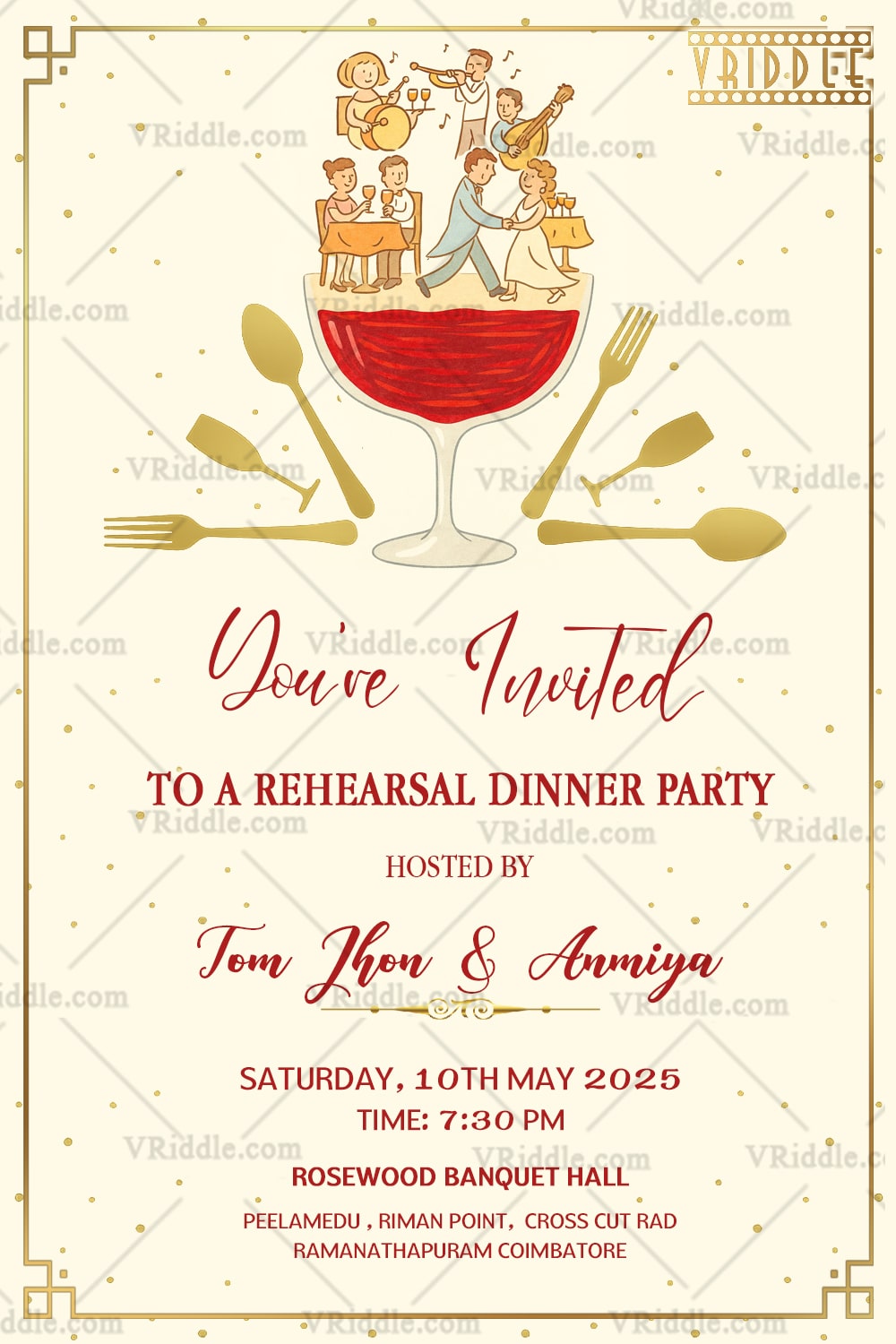 Burgundy Rehearsal Dinner Invite with Golden Dining Icons and Ornamental Flourishes
