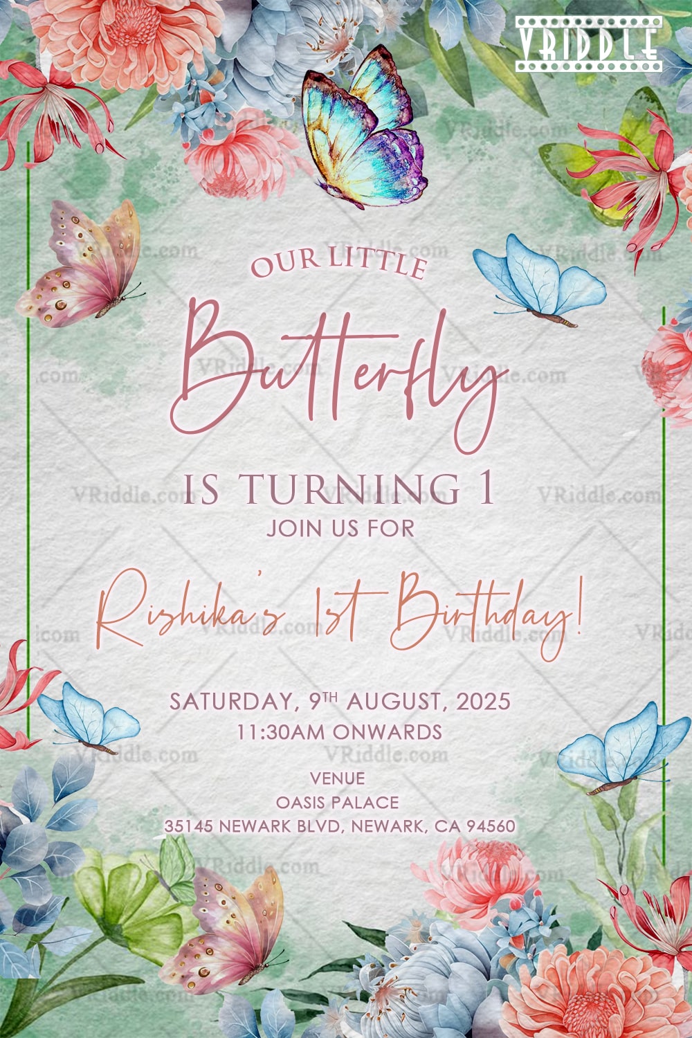 Butterfly-Themed 1st Birthday Invitation with Pastel Florals and Watercolor Charm